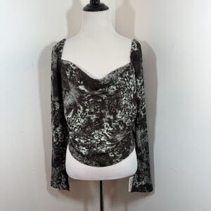 Open Edit Nordstrom Blouse Top M Cowl Neck Smocked Long Sleeve Teal Brown NWT$59